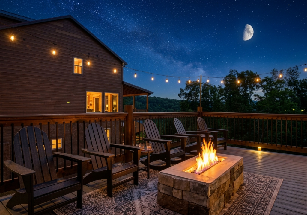 Outdoor luxury cabin deck at night, featuring cozy lounge chairs arranged around a modern gas fire pit under hanging cafe bistro lights and a bright starry moonlit sky.