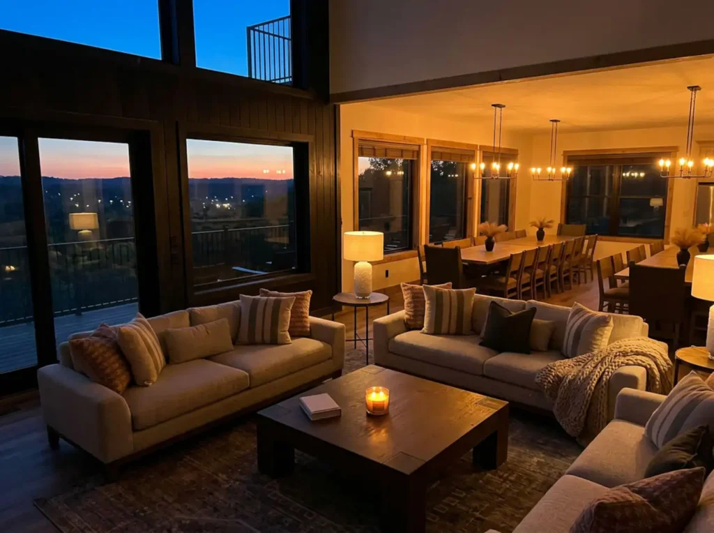 Open-concept luxury interior of Reedmont Celeste Estate showcasing a fully furnished living room in the foreground flowing into a lit formal dining room, framed by massive window walls reflecting a vibrant mountain sunset.