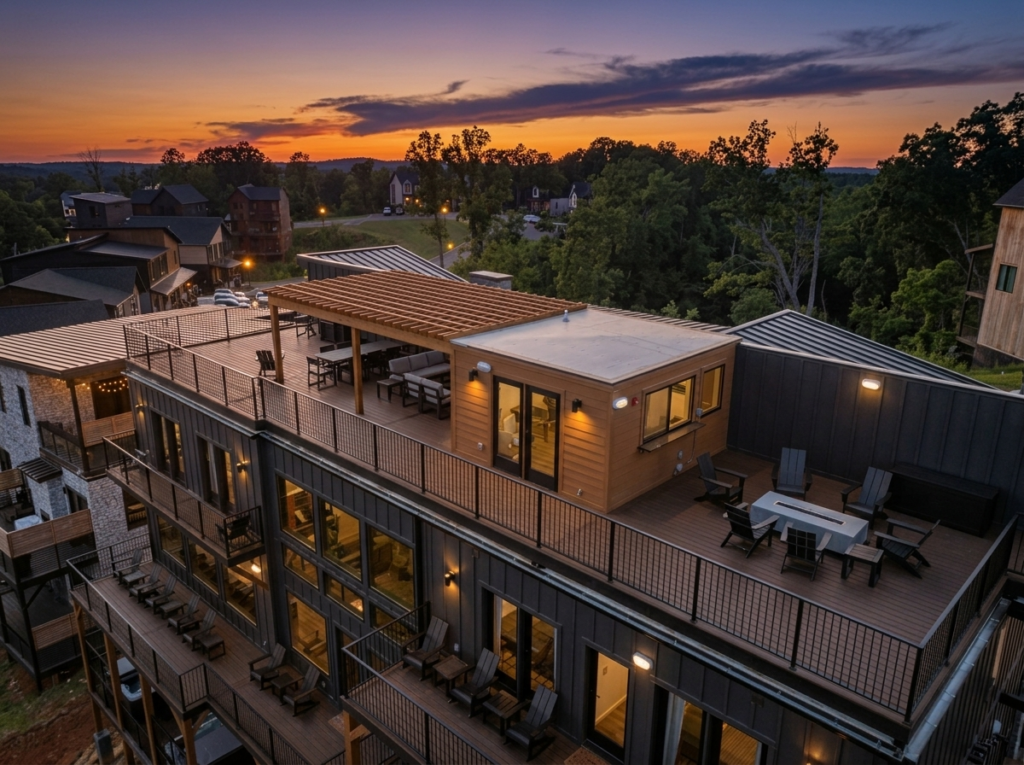 Aerial view of the Celeste Estate custom mountain home at sunset, fully lit against the Smoky Mountain horizon.
