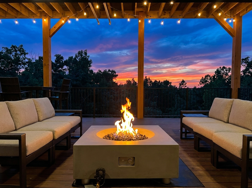 Covered outdoor gathering deck featuring two opposing couches, a central gas fire pit, hanging roof string lights, and a vibrant mountain sunset in Gatlinburg.
