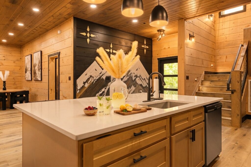 Luxury kitchen island made of solid marble with an artisan accent wall and custom cabinetry in a modern mountain home.