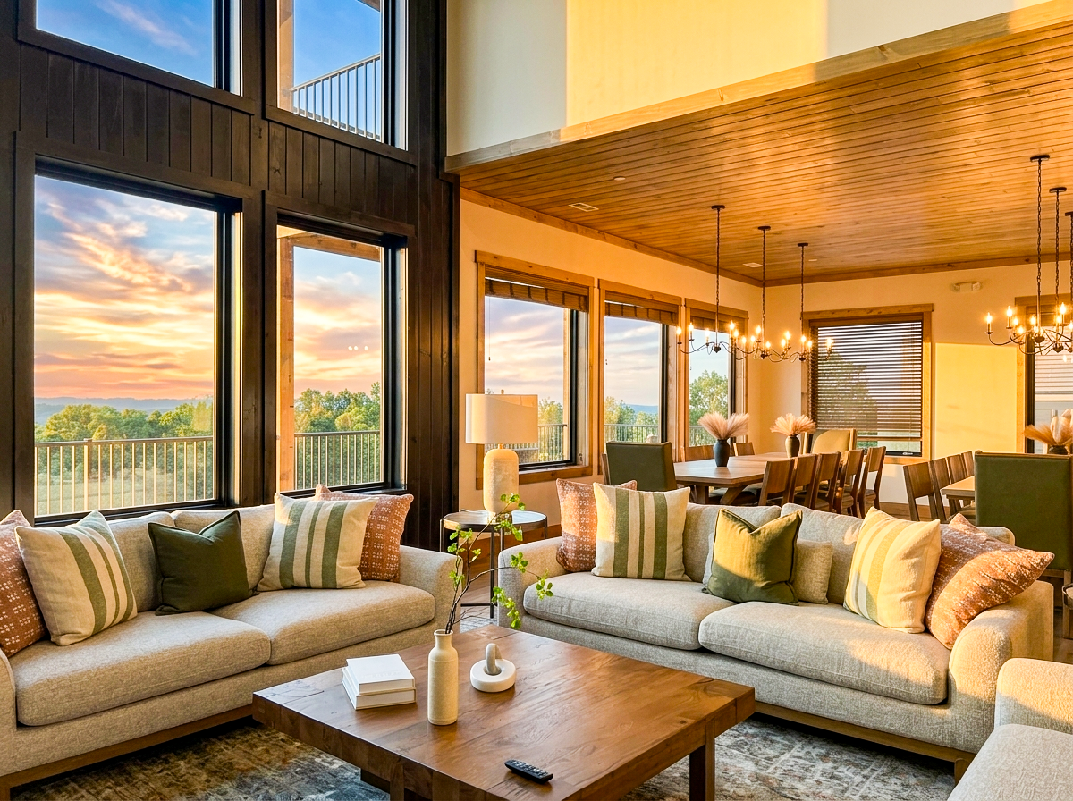 Modern luxury cabin living room filled with golden hour afternoon sunlight, showcasing high-end furnishings, open layout, and summer tree foliage outside