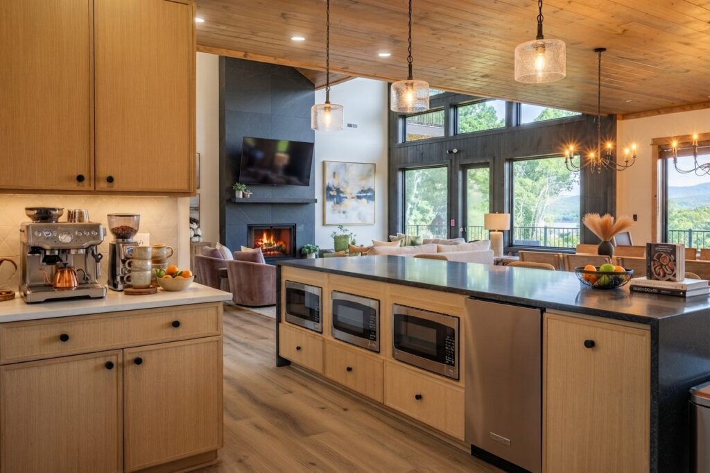Hero image of a luxury custom mountain kitchen featuring double islands, custom wood millwork, marble counters, and top-tier appliances by Mountain Cabin Home Builders